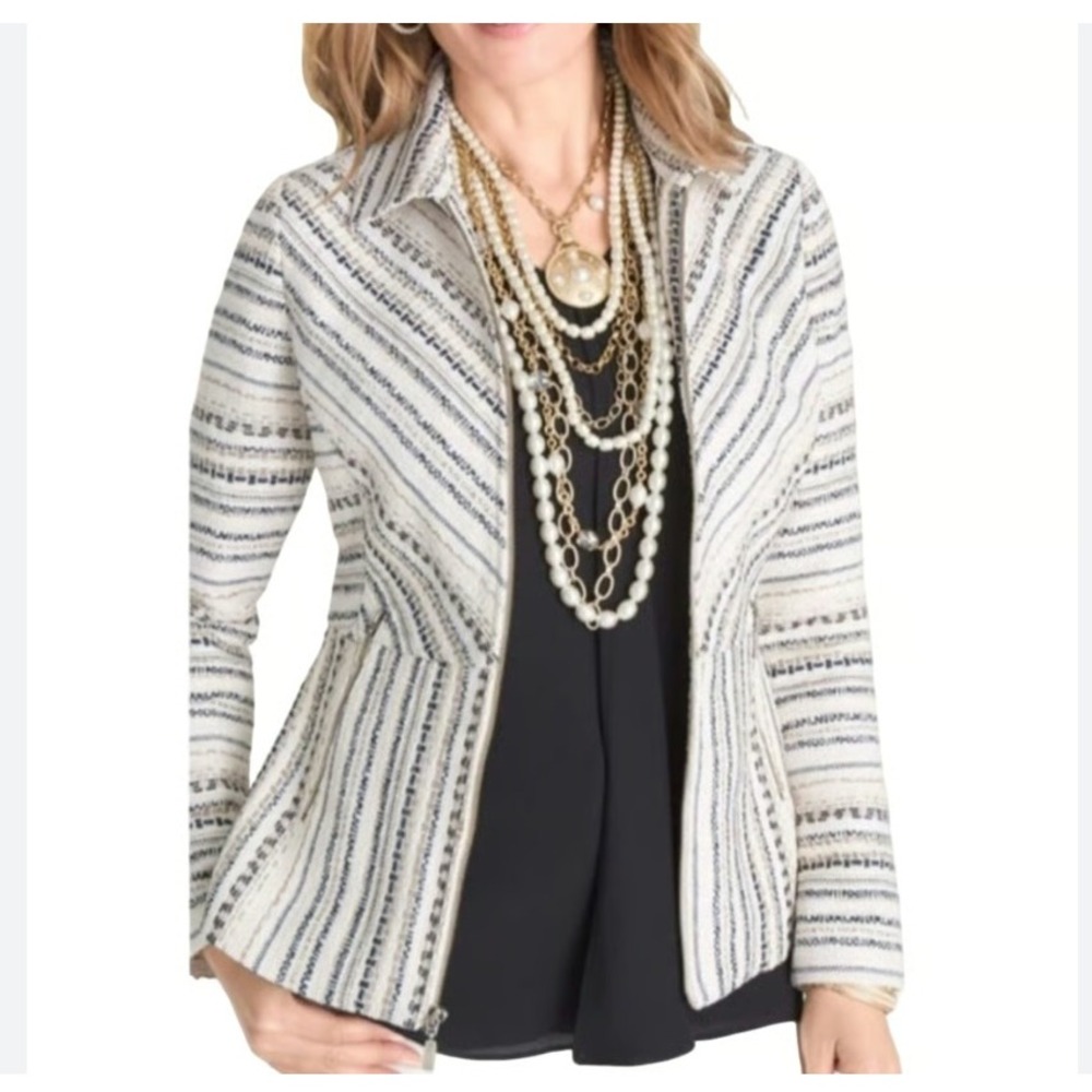 Chicos Textured Knit Zipper Front Jacket Women Large Ivory Career Striped Tweed‎